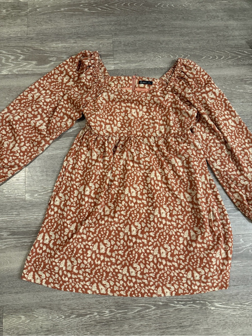 Very J Floral Babydoll Mini Dress Womens Medium Rust Boho Puff Sleeve - Picture 2 of 7